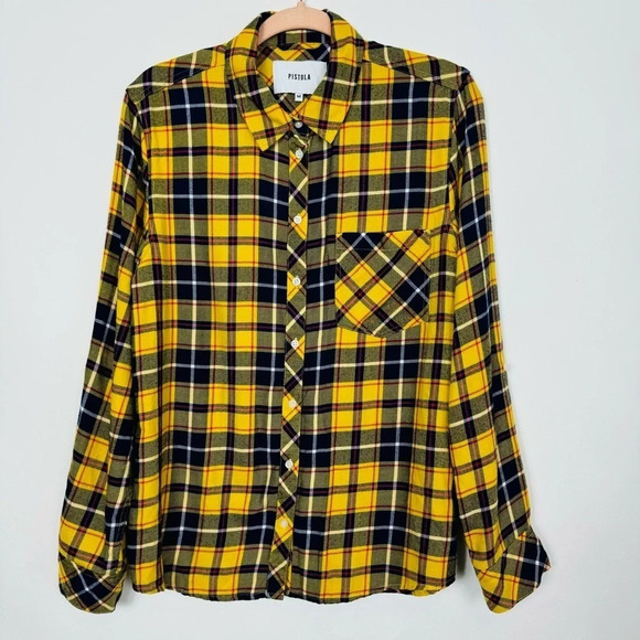 Pistola Revolve Yellow Plaid Button Down Flannel Long Sleeve Top Medium - Picture 1 of 9